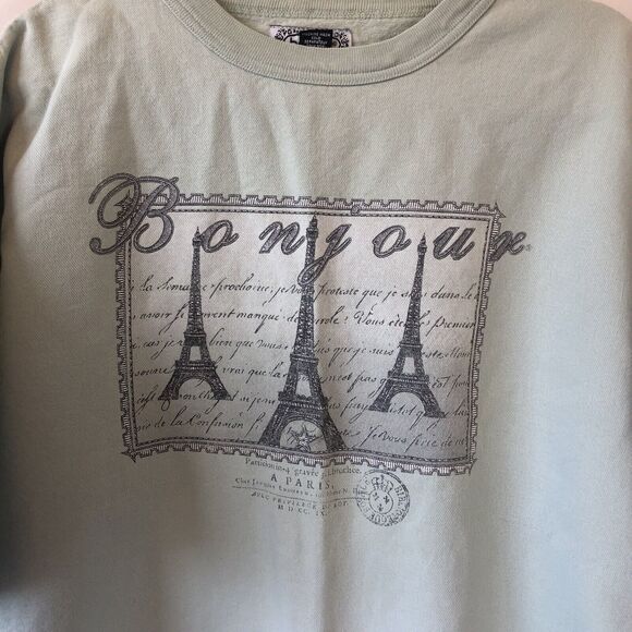 Vintage 90s Bon Jour Paris Crewneck Sweatshirt Cropped Light Green Oversized M/L - Picture 5 of 8